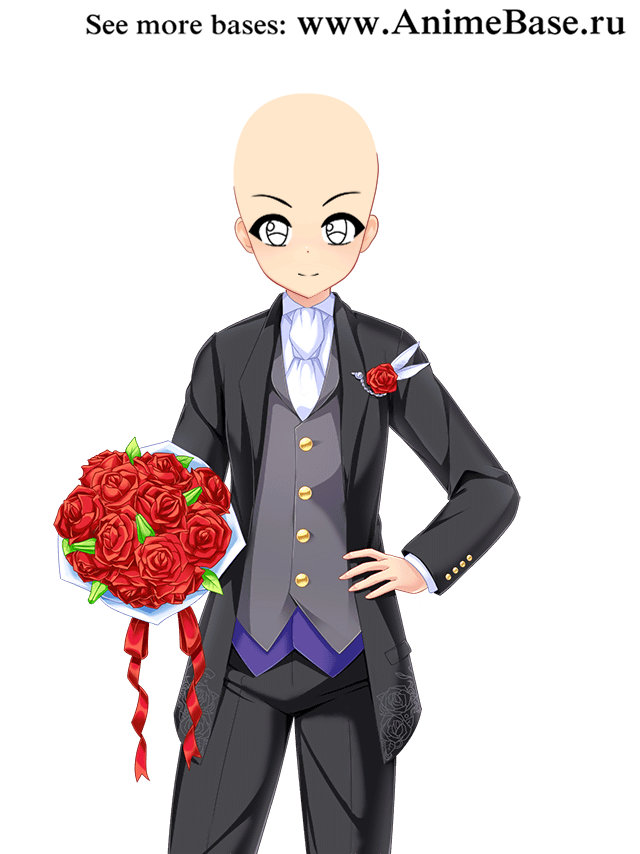 anime base tuxedo groom with bouquet of flowers
